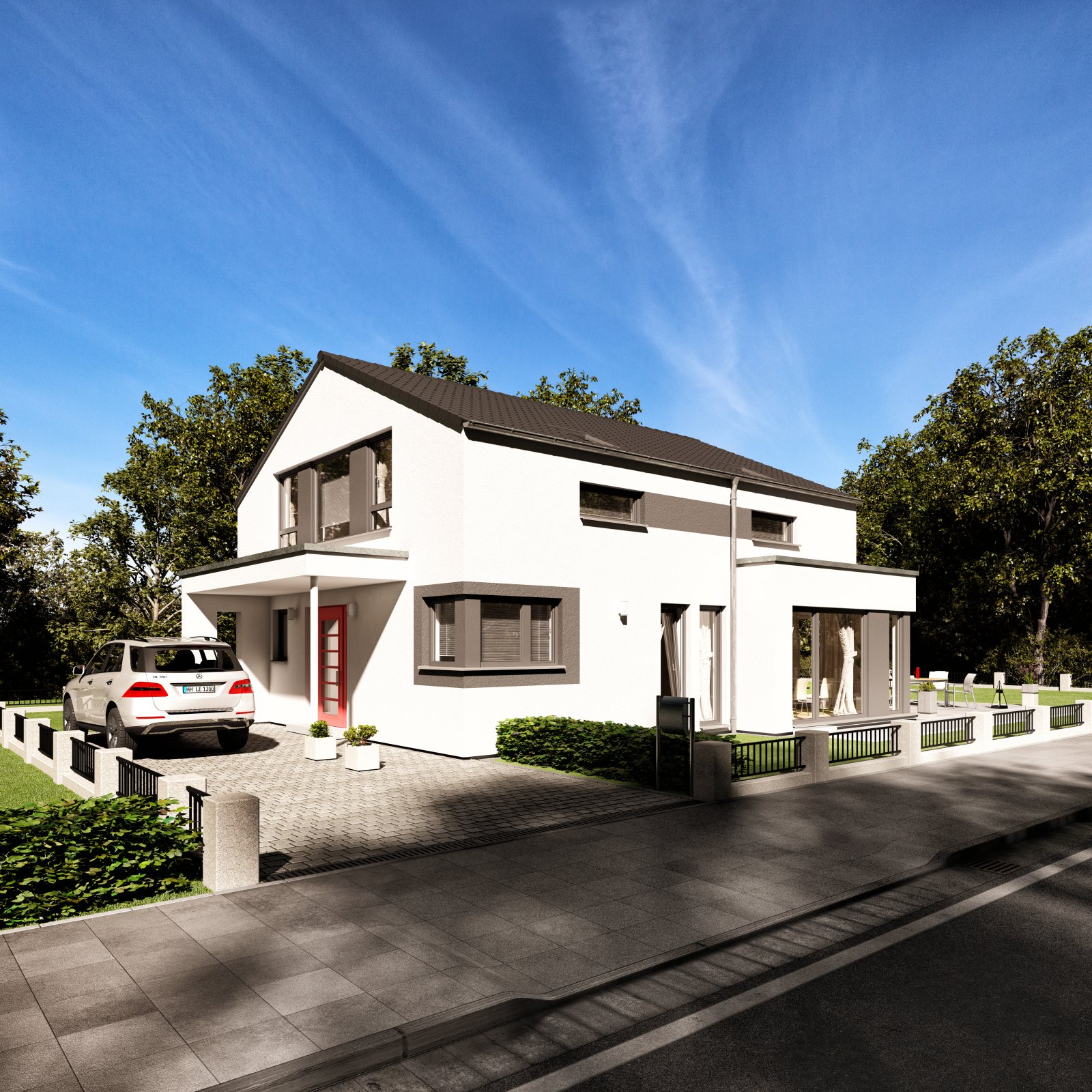 Bauen mit Bien-Zenker: Komfortables Einfamilienhaus mit Übereck-Panorama-Erker mit Flachdach