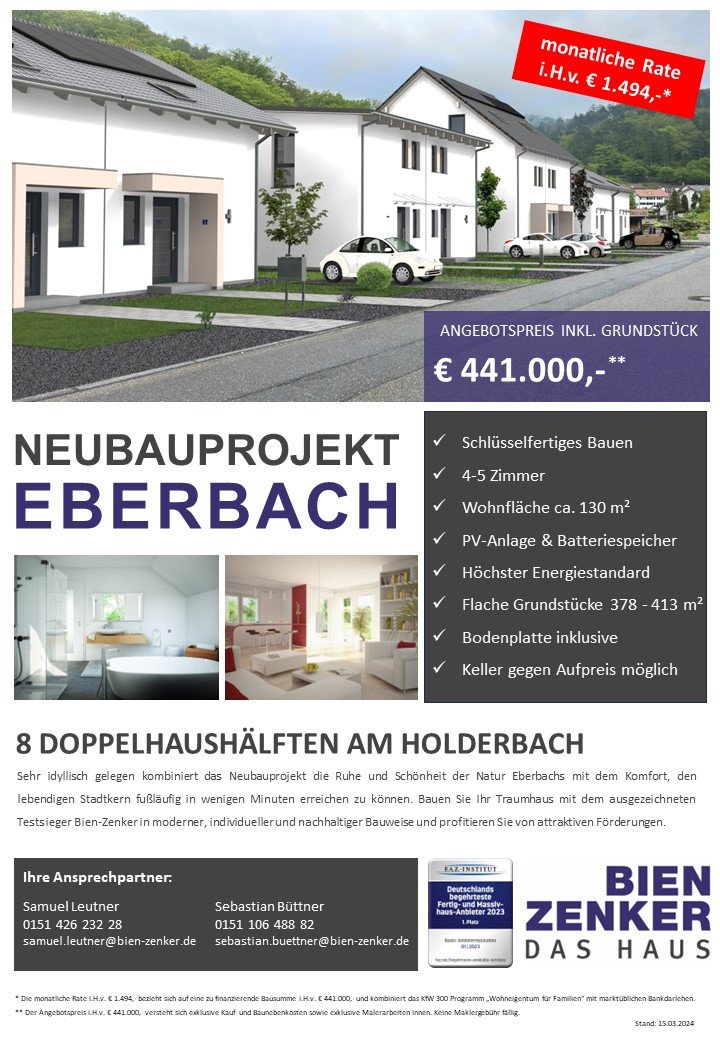 Neubau in Eberbach / freistehend oder Doppelhaushälften